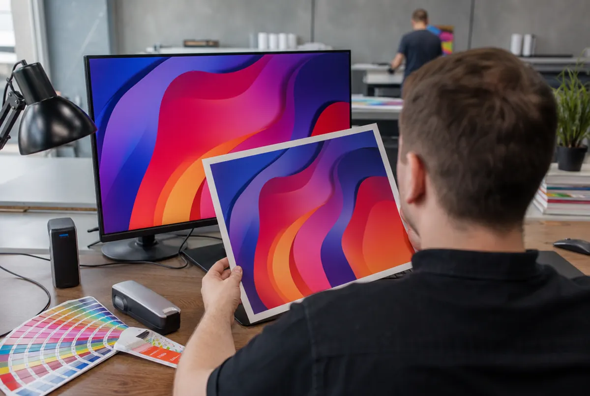 Grafiker vergleicht die Farben am Monitor mit einem Druck in der Hand