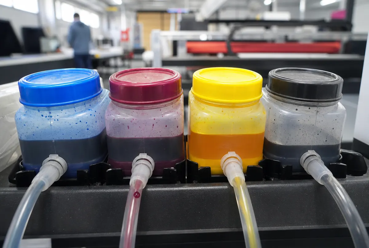 CMYK-Tintenbehälter in einem Drucker aus der Nähe