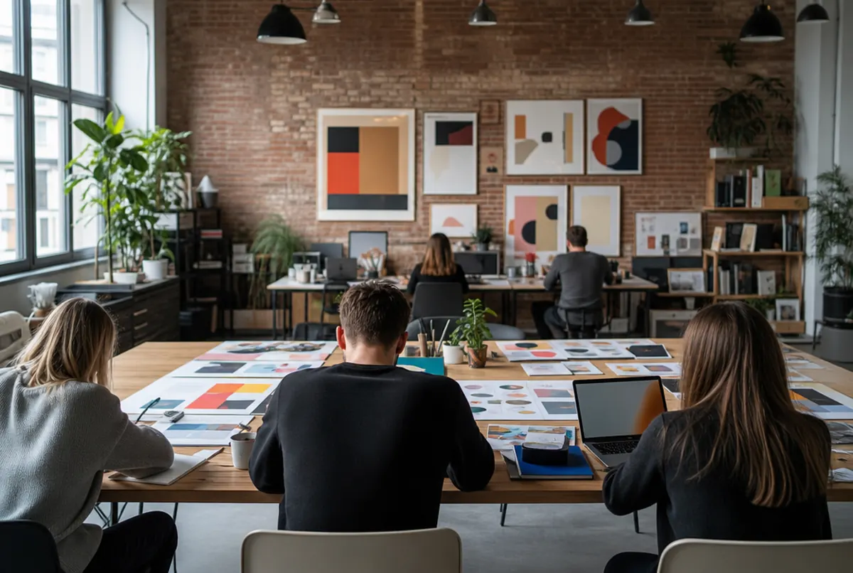 Agenturteam am Tisch mit Moodboards und Ausdrucken