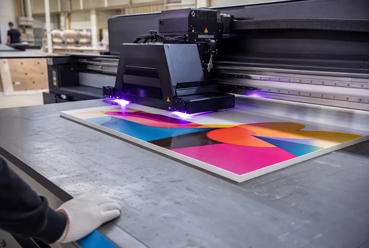 UV-Drucker bedruckt eine starre Platte im violetten Licht der Lampen