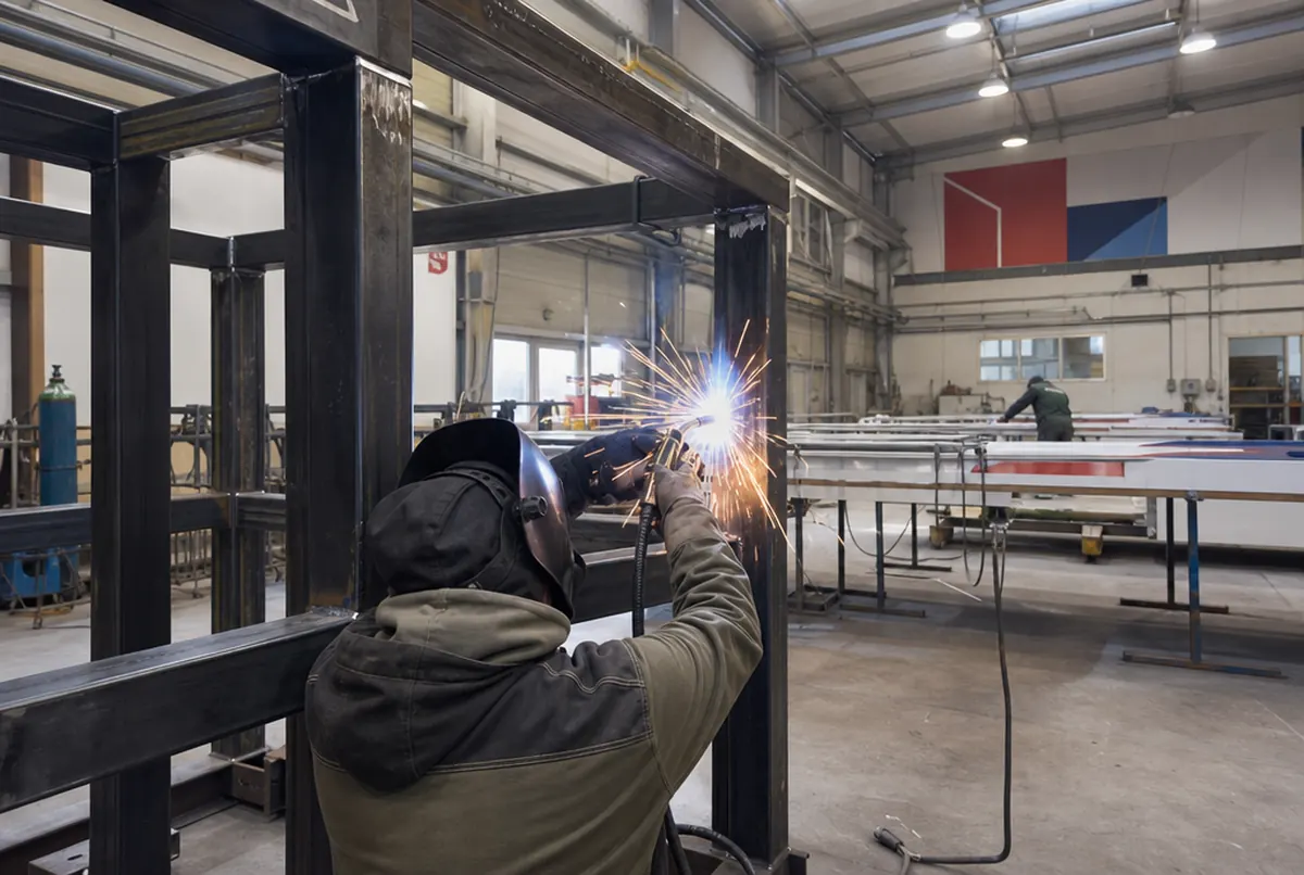 Welding a sign structure in a manufacturer's workshop