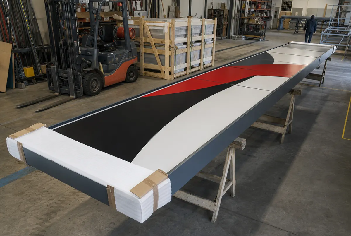 A finished advertising pylon on trestles in a workshop