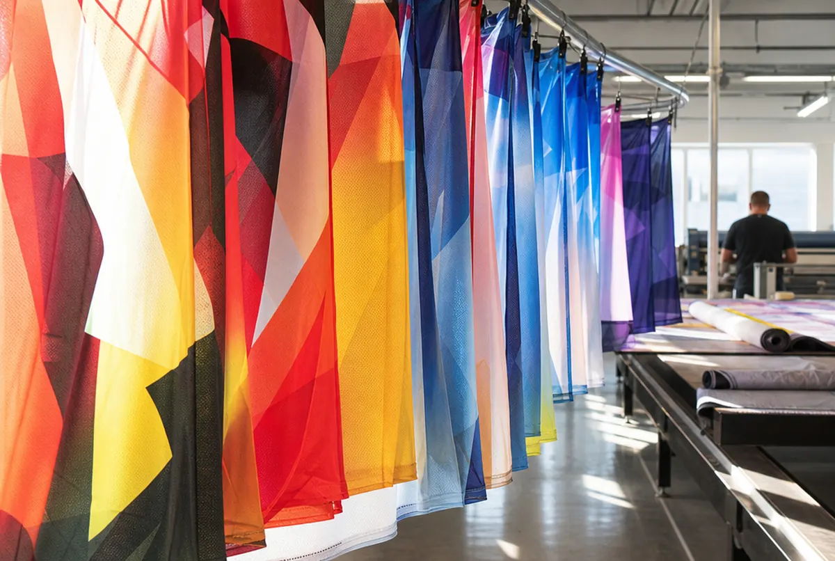 Farbige Stoffe mit Sublimationsdruck hängen in einem Studio