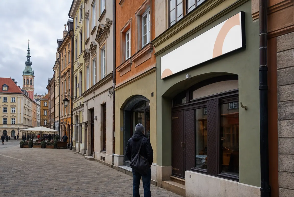 Kunde betrachtet vor einem Altbau am Marktplatz den Platz für ein Schild über dem Ladenlokal