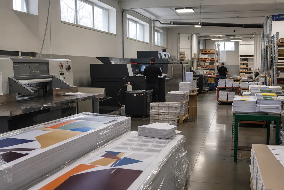 Inside a print shop with a digital press, a guillotine and paper