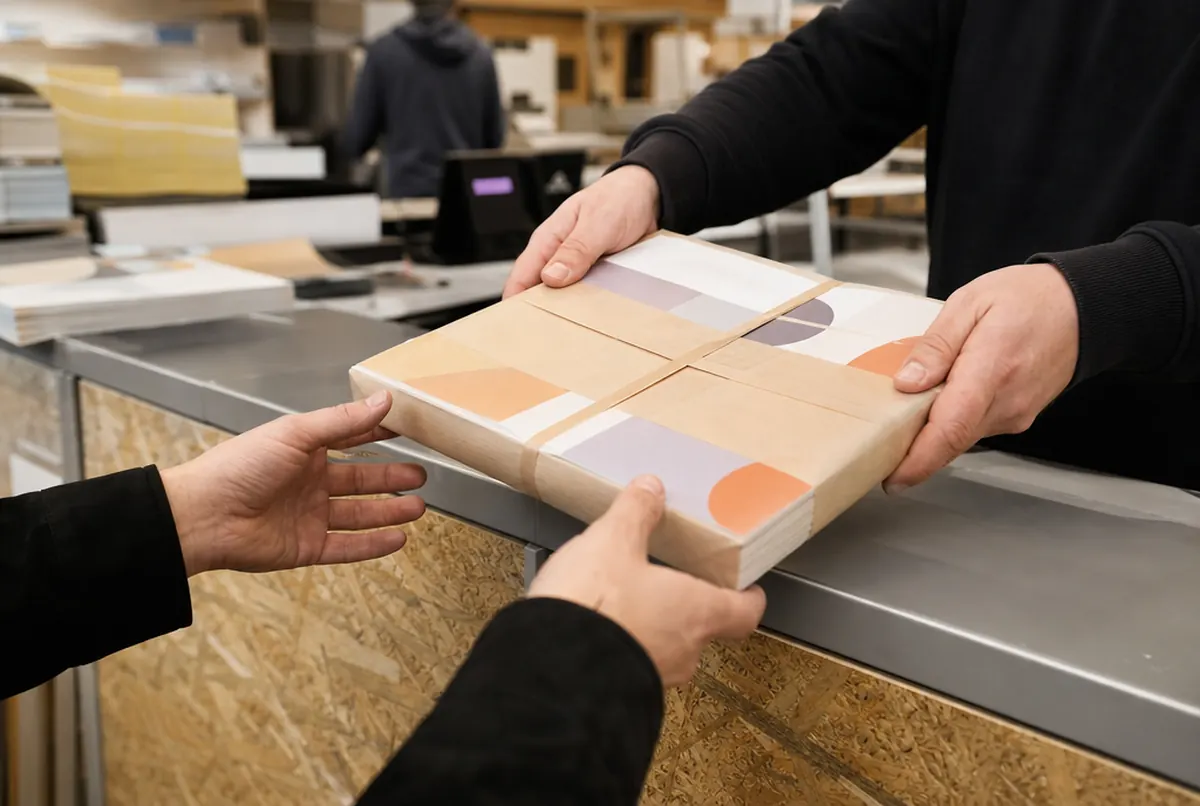 A client's hands collecting a parcel of print at the counter