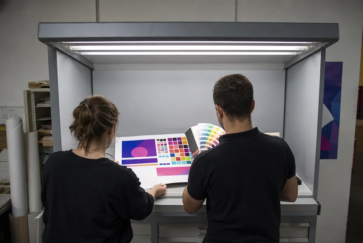 Comparing a proof with a colour swatch book in a light booth