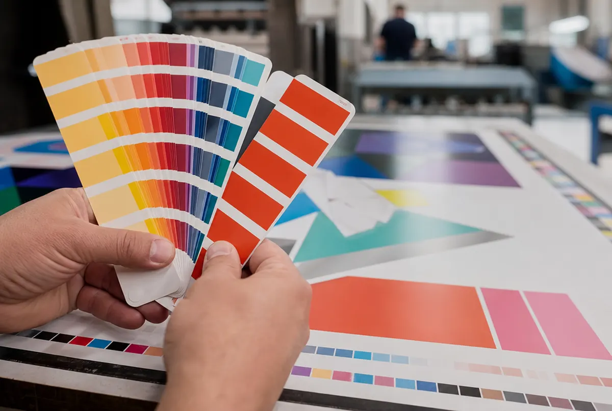 Hands holding a colour swatch book against a print