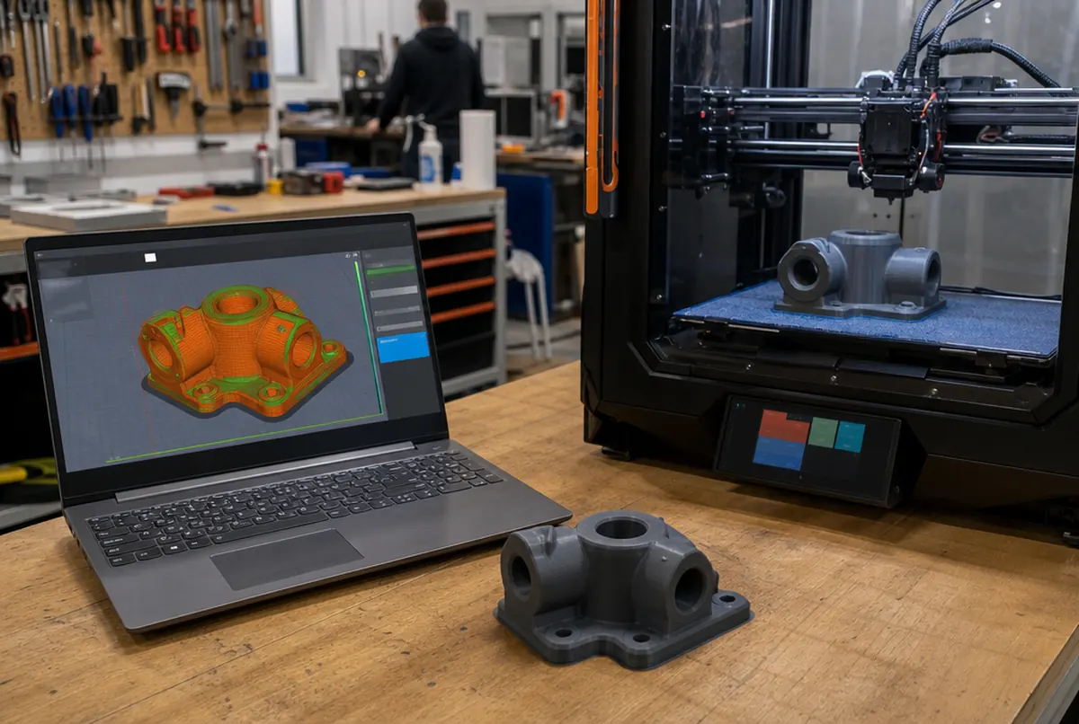 Modèle 3D dans un slicer sur un ordinateur portable à côté d’une imprimante en marche