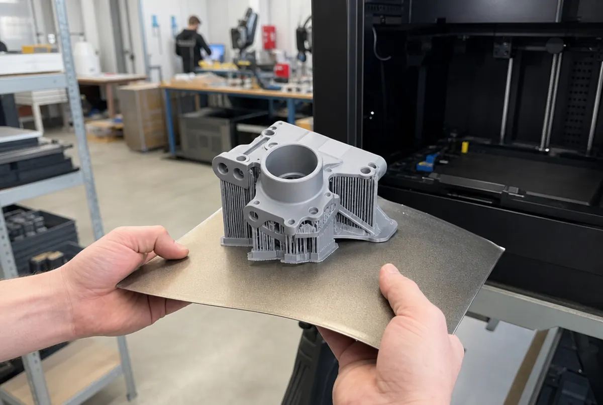 Mains retirant une impression 3D fraîche d’un plateau flexible