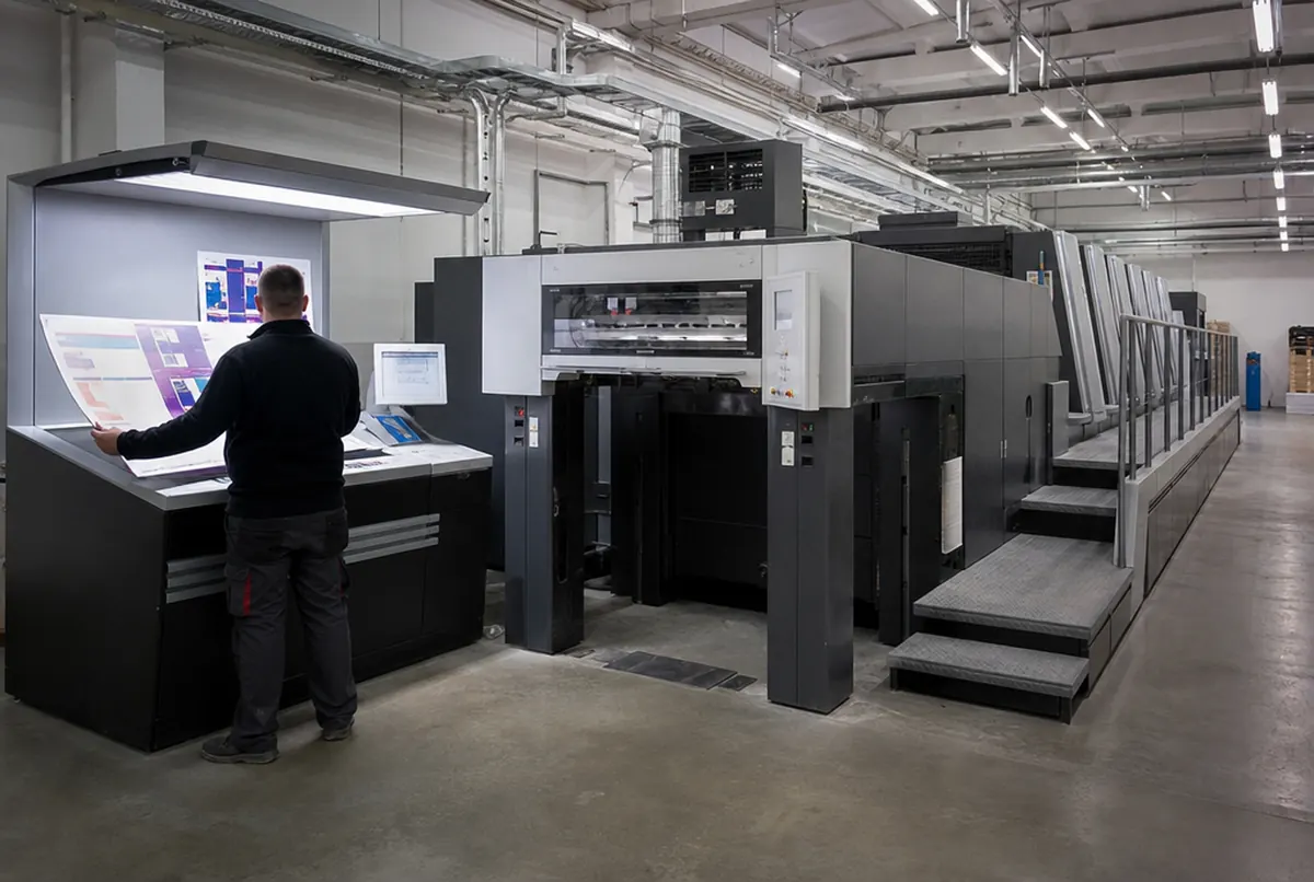 Offsetdruckmaschine in der Halle und Bediener am Leitstand