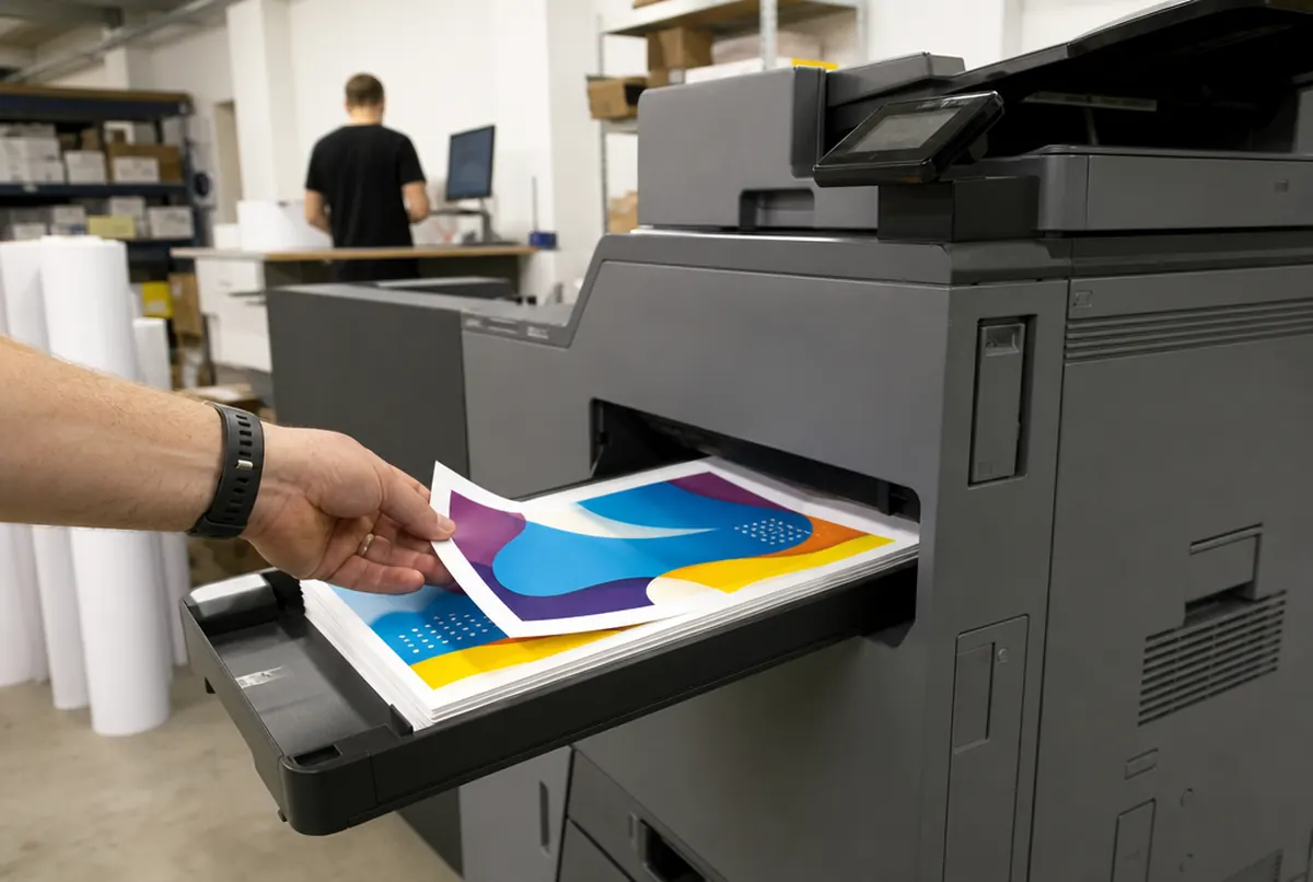 Digitaldruckmaschine druckt eine kleine Flyerauflage