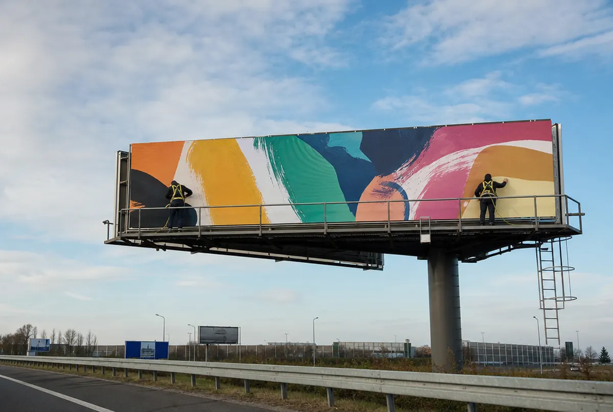 Panneau d’affichage au bord d’une rocade avec une affiche fraîchement collée