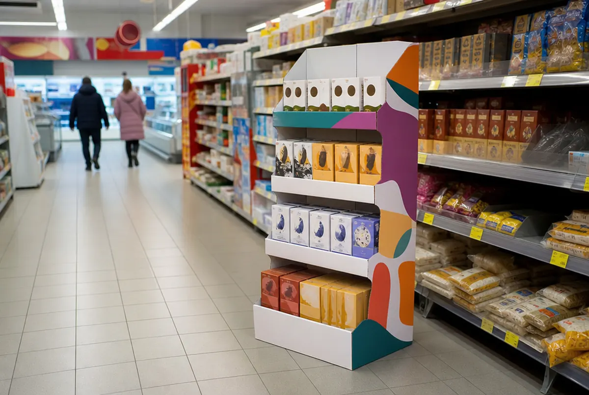 Cardboard display with products at the end of a store aisle