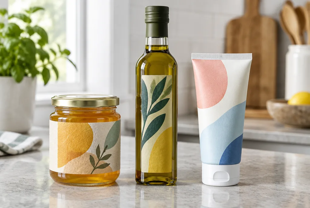 A jar with a paper label, an olive oil bottle with a clear film label and a cosmetic tube with a PE label on a worktop