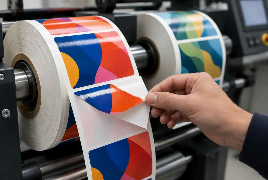 Rolls of self-adhesive labels on a rewinder, the operator's hand peeling a glossy label off the liner