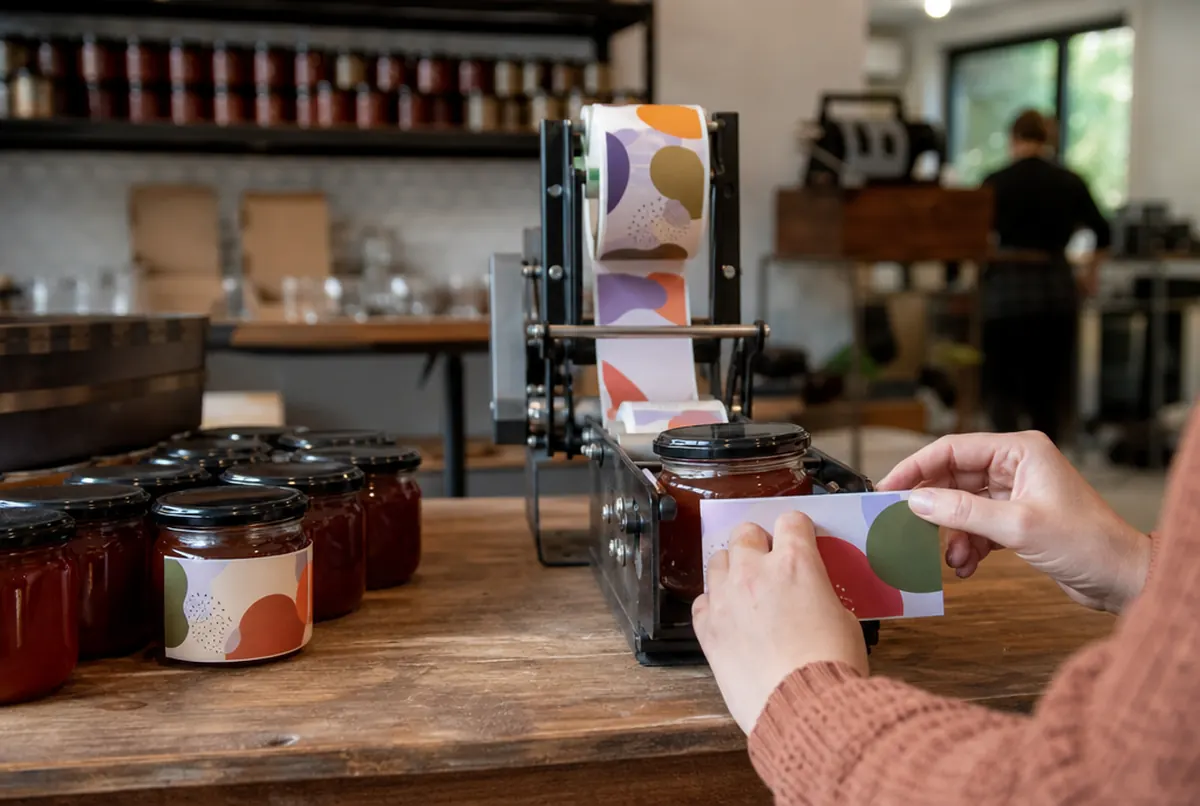 Applying labels from a roll to jars in a small food workshop
