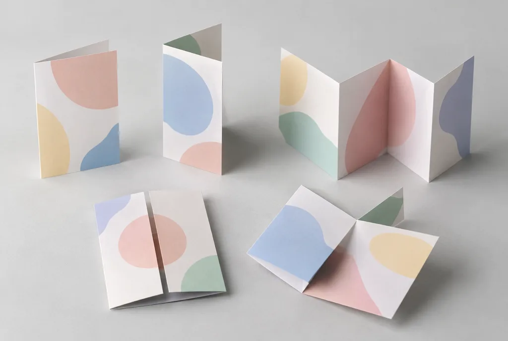 Leaflets folded in different ways: in half, roll fold, Z fold, gate fold and cross fold, with abstract graphics