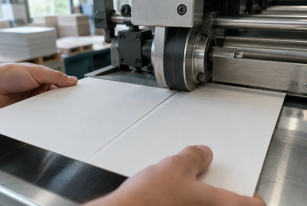 A creasing machine pressing a groove into heavy board before folding, close-up of the crease line and the operator's hands