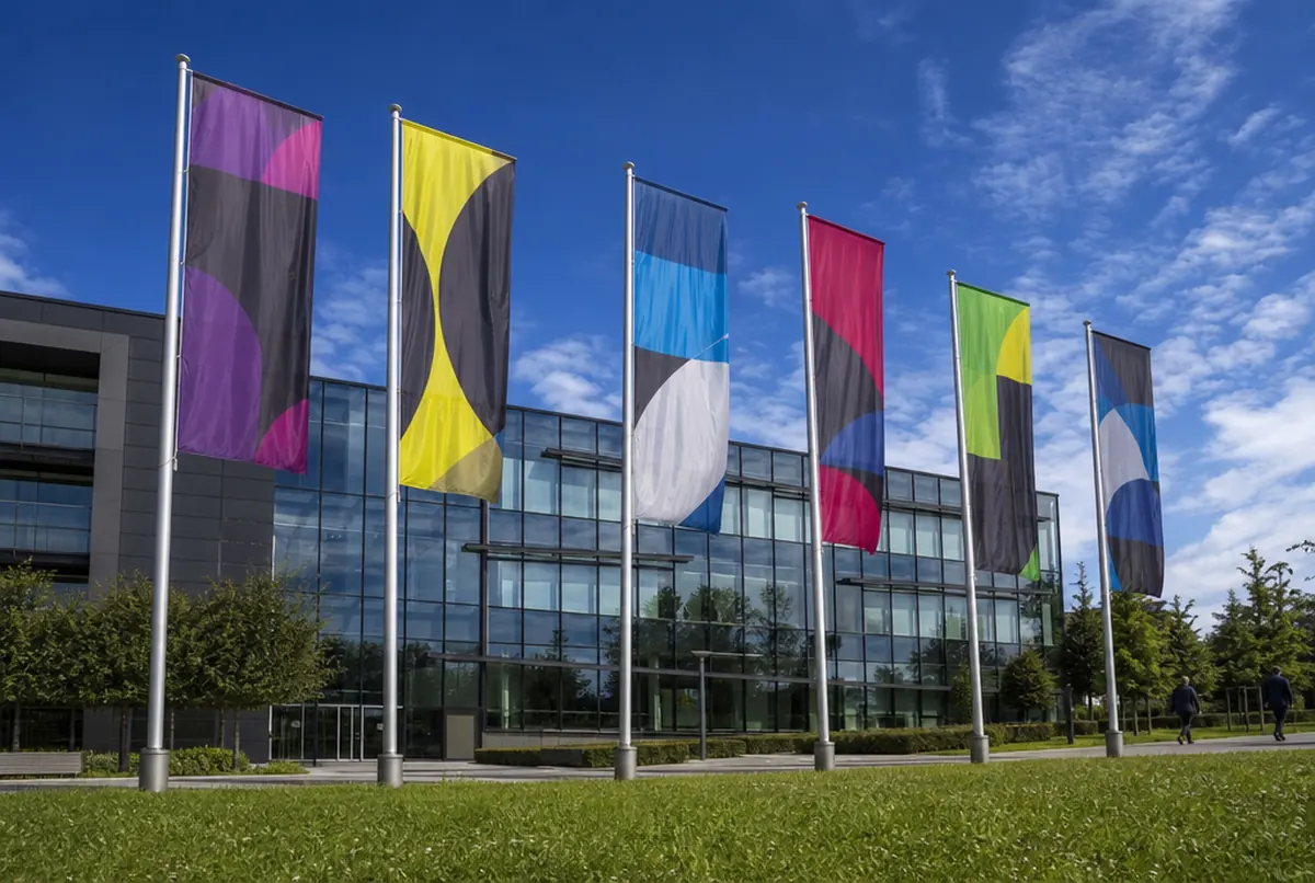 Row of promotional flags on poles outside an office building