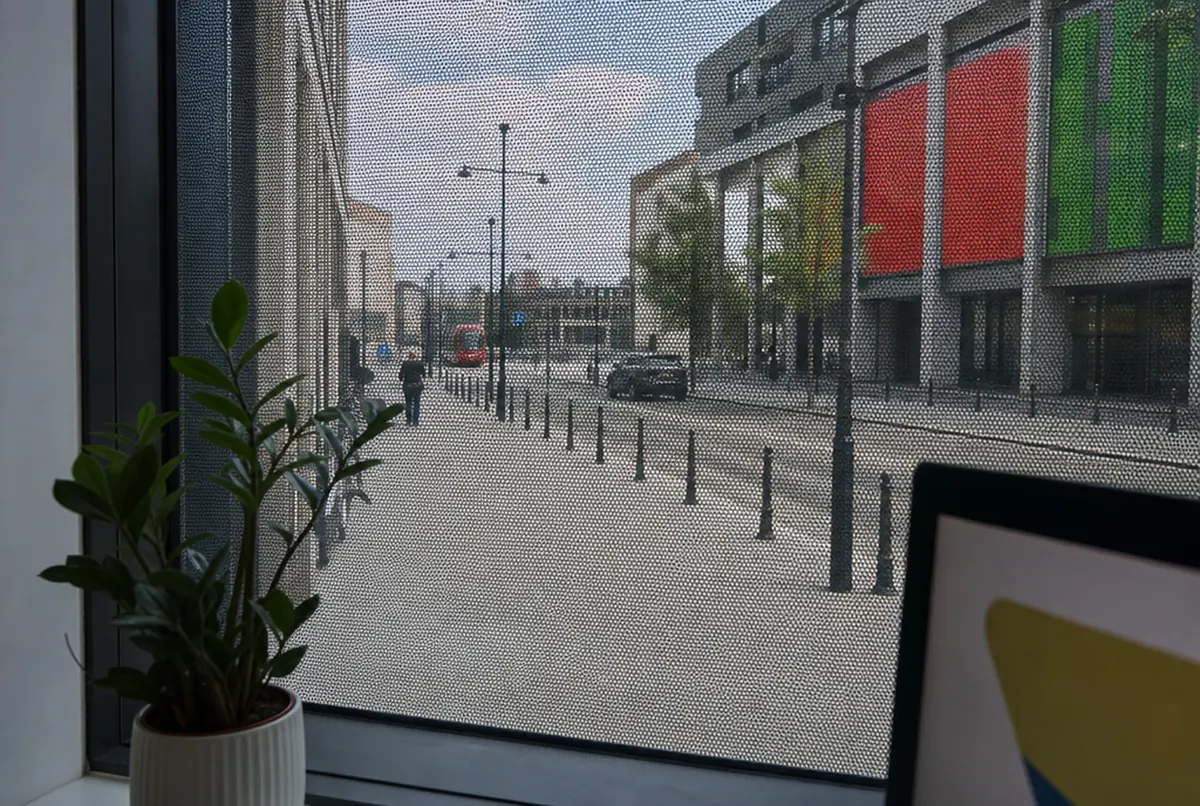 Blick aus dem Büro durch die perforierte Folie auf die Straße