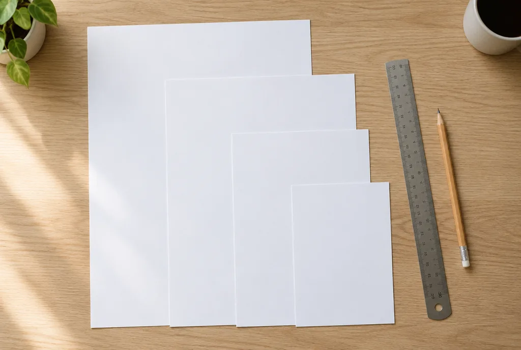 Blank paper sheets in sizes from A3 to A6 fanned out on a wooden desk next to a steel ruler