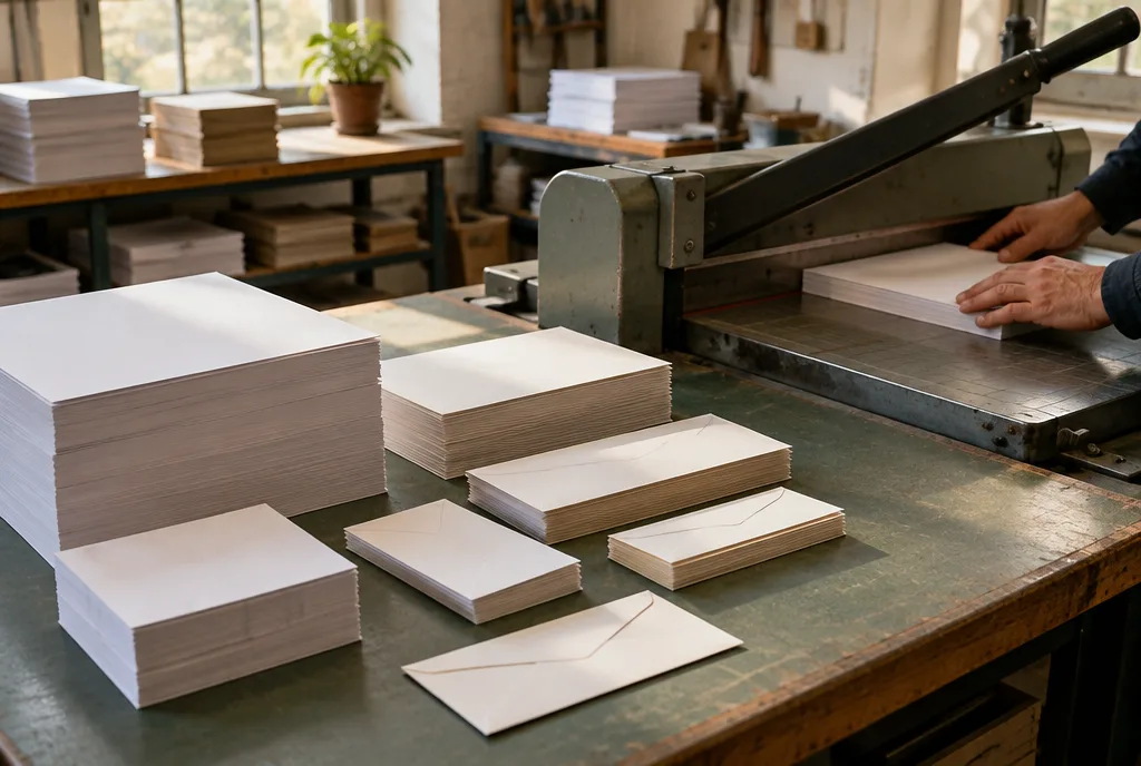 Stacks of unprinted paper and envelopes of various sizes by a guillotine in a print shop, only the operator's hands visible
