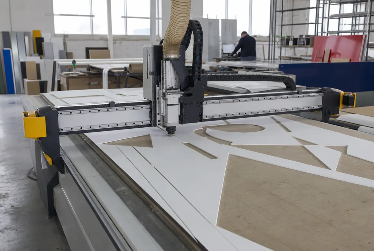 Fraiseuse CNC découpant des formes dans un panneau dibond en atelier