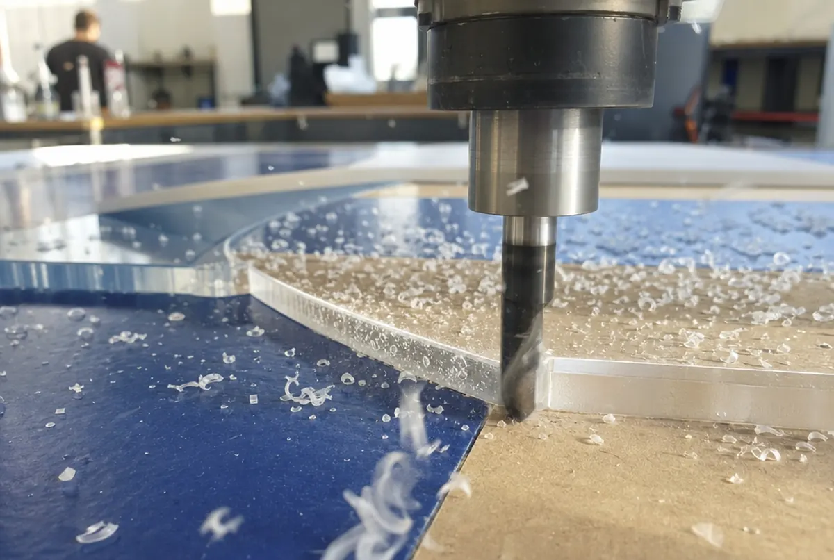 Fraise découpant du plexi transparent, copeaux projetés sur les côtés