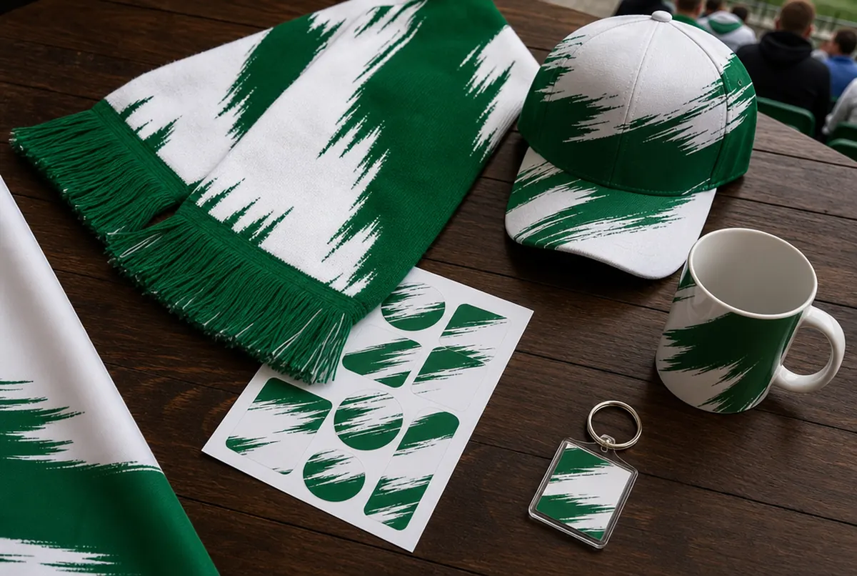 Bufanda, gorra, taza y pegatinas de aficionado sobre una mesa