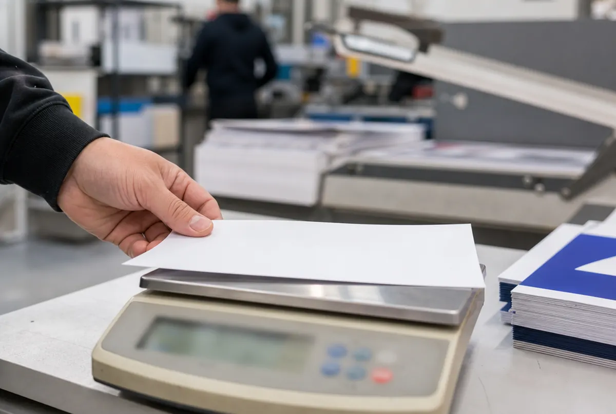 Eine Hand legt einen Papierbogen auf eine Präzisionswaage
