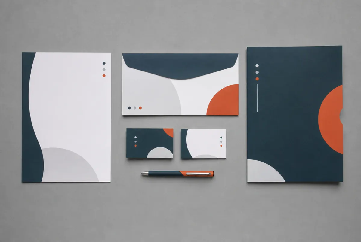 A consistent set of company stationery on a grey background