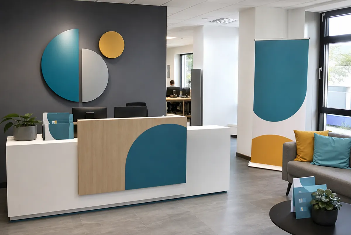 A company reception area in consistent brand colours