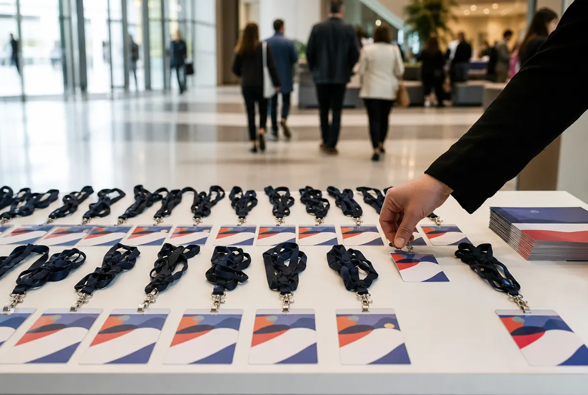 Name badges and lanyards on a conference registration desk