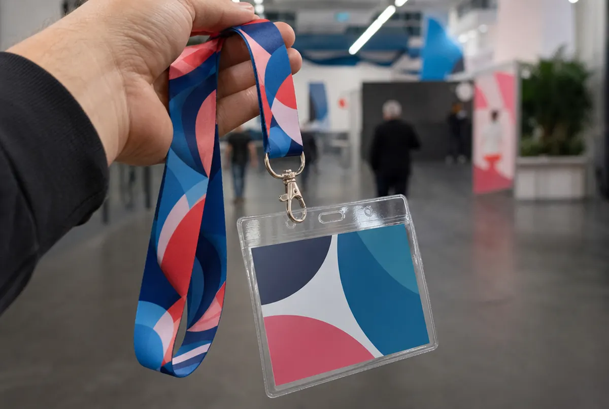 A hand holding a patterned lanyard with a name badge