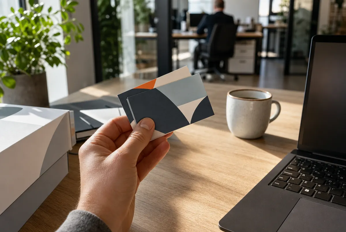 Hand hält einen Stapel Visitenkarten auf einem Holzschreibtisch neben einer Kaffeetasse