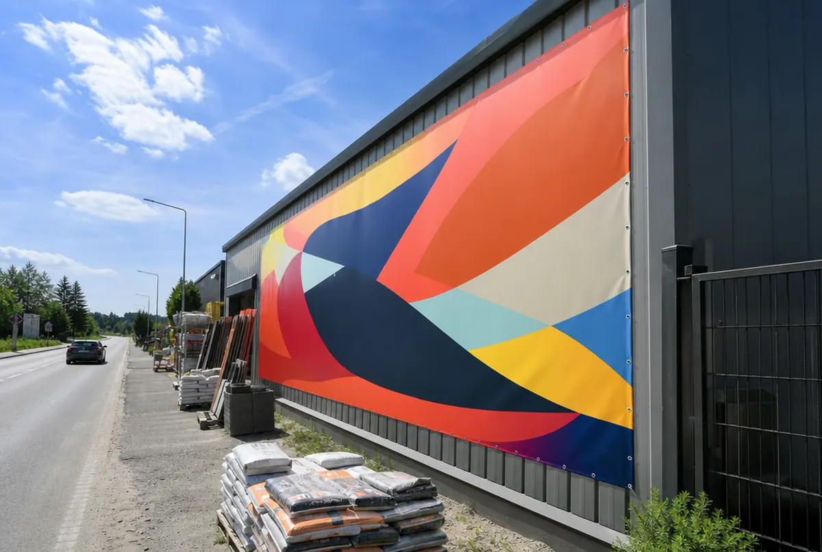 Large PVC banner on a warehouse wall by a road on a sunny day