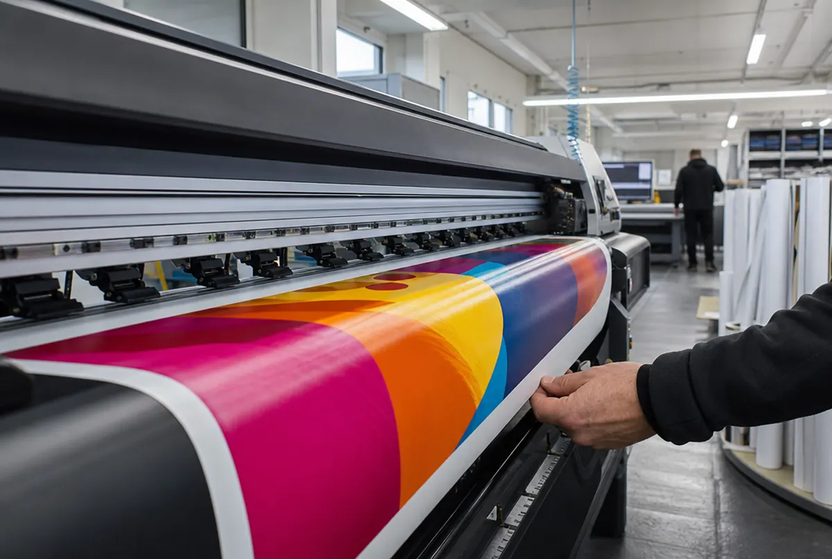 Wide-format printer printing a banner while the operator checks the edge of the print