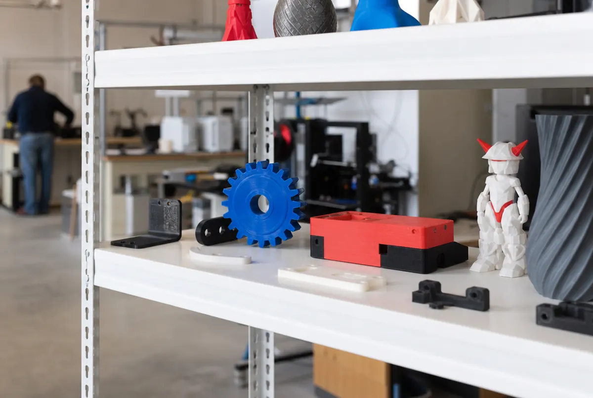Étagère avec des impressions 3D terminées de différentes couleurs