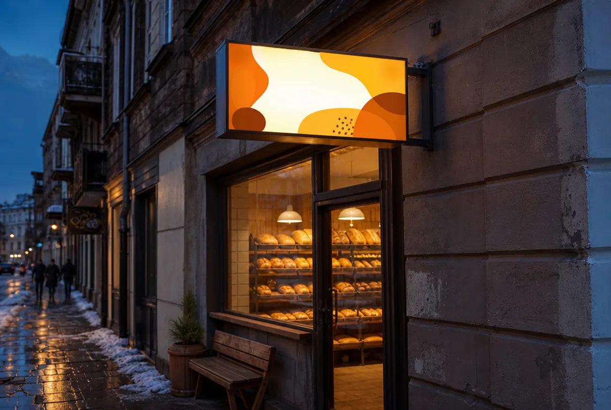 Illuminated light box sign above the entrance to a bakery in an old town house on a winter evening