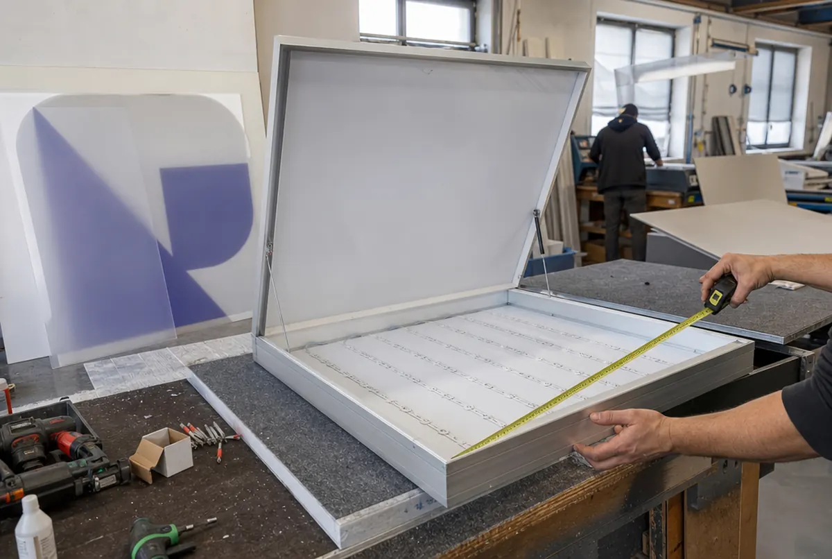 Open aluminium light box frame with LED modules and a tape measure on a workbench