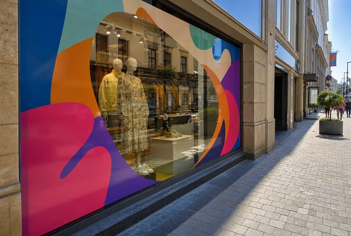 Printed graphics on a boutique shop window on a sunny day