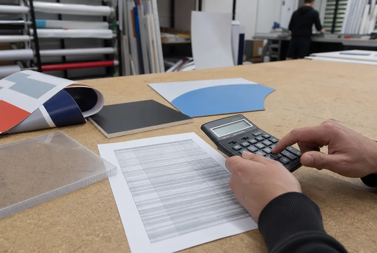 A calculator and a cost estimate next to signage material samples
