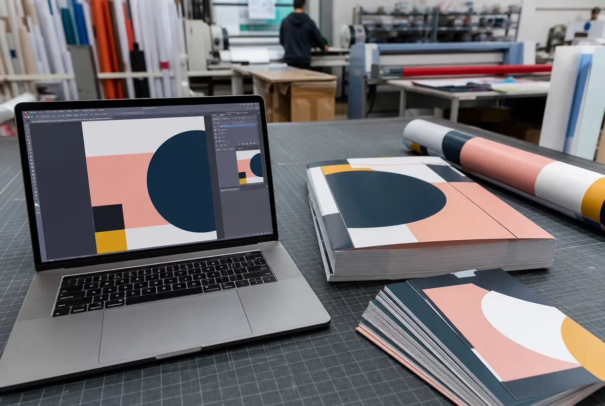 Finished prints next to a laptop showing a design on a desk