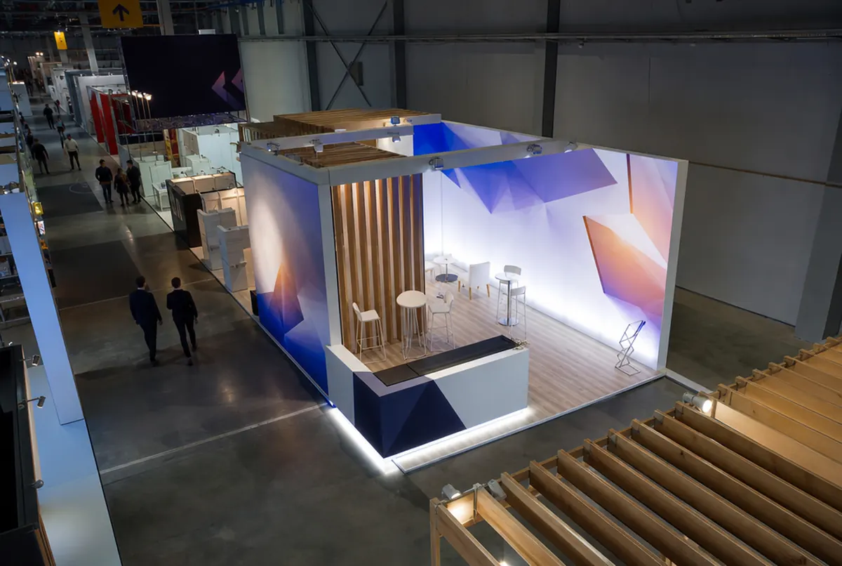 Exhibition hall from above with stands of different sizes
