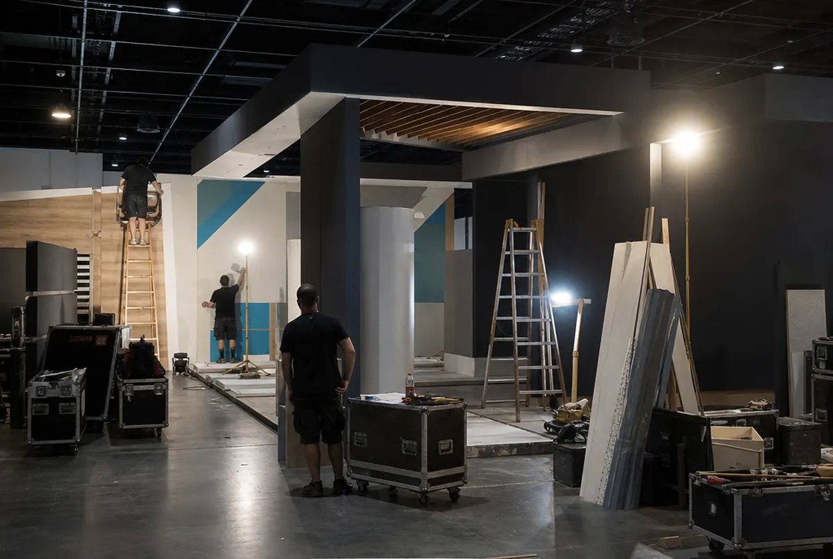 Crew building an exhibition stand at night before the show opens