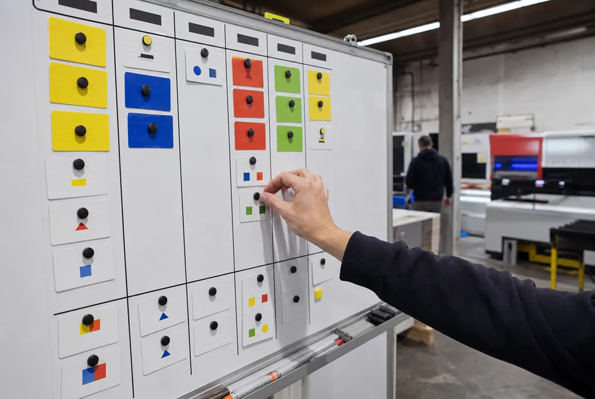Planungstafel für die Produktion mit farbigen Karten in der Werkstatt