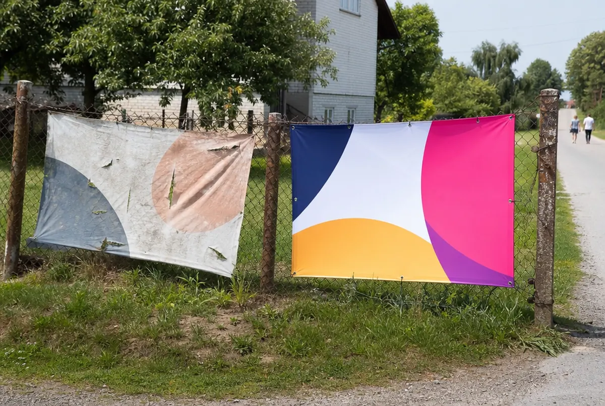 Ausgeblichenes, zerrissenes Banner neben einem neuen an einem Zaun auf dem Land