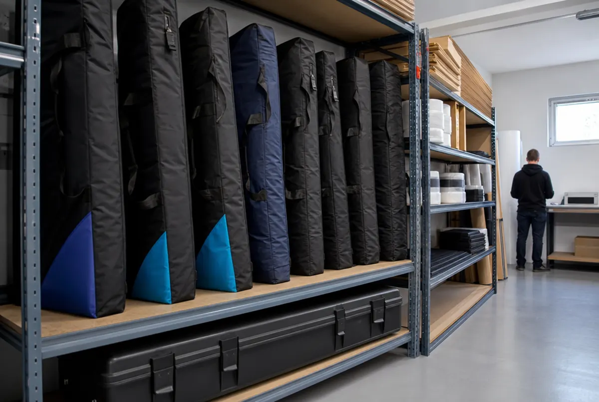 Roll-up bags and a display wall case in a dry storeroom