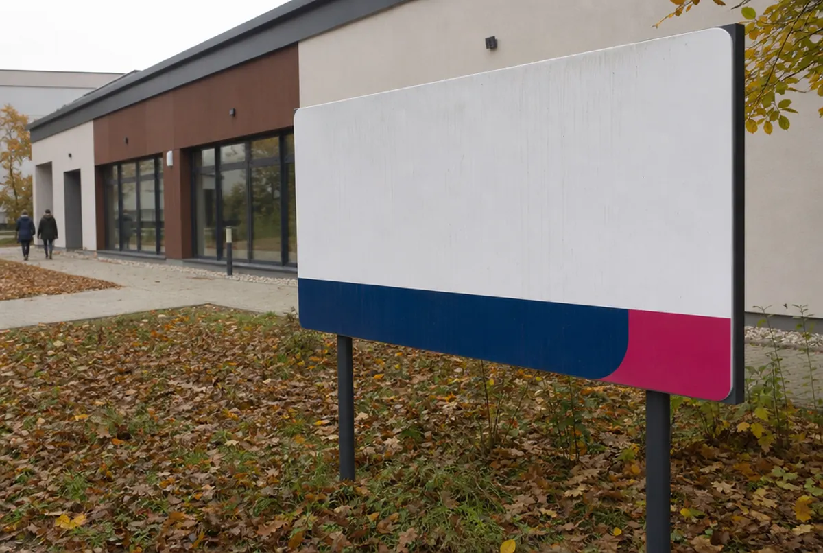 Project information sign in front of a building in autumn, several years on